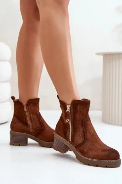Best Botki Damskie Z Ażurowym Wzorem Na Obcasie Brązowe Oviria Damskie Botki Na Słupku|Botki Ażurowe