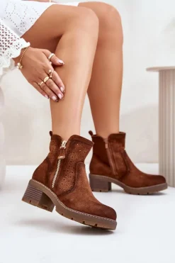 Best Botki Damskie Z Ażurowym Wzorem Na Obcasie Brązowe Oviria Damskie Botki Na Słupku|Botki Ażurowe
