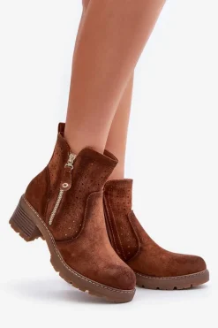 Best Botki Damskie Z Ażurowym Wzorem Na Obcasie Brązowe Oviria Damskie Botki Na Słupku|Botki Ażurowe