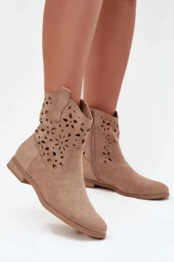 Sale Boto Botki Damskie Z Ażurowym Wzorem Na Płaskim Obcasie Eko Zamszowe Beżowe Athera