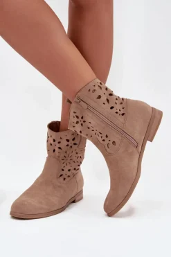 Sale Boto Botki Damskie Z Ażurowym Wzorem Na Płaskim Obcasie Eko Zamszowe Beżowe Athera