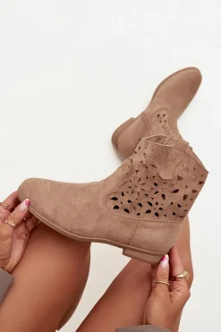 Sale Boto Botki Damskie Z Ażurowym Wzorem Na Płaskim Obcasie Eko Zamszowe Beżowe Athera