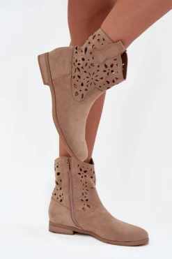 Sale Boto Botki Damskie Z Ażurowym Wzorem Na Płaskim Obcasie Eko Zamszowe Beżowe Athera