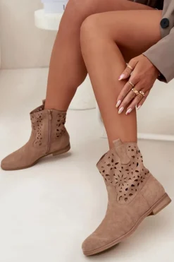 Sale Boto Botki Damskie Z Ażurowym Wzorem Na Płaskim Obcasie Eko Zamszowe Beżowe Athera