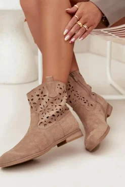Sale Boto Botki Damskie Z Ażurowym Wzorem Na Płaskim Obcasie Eko Zamszowe Beżowe Athera