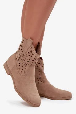 Sale Boto Botki Damskie Z Ażurowym Wzorem Na Płaskim Obcasie Eko Zamszowe Beżowe Athera