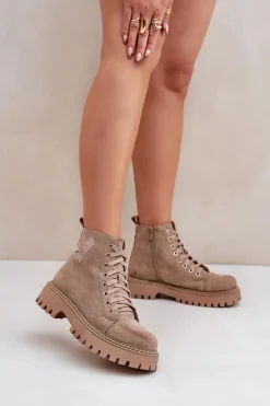 Hot Boto Botki Damskie Z Brokatowym Sercem Ciemnobeżowe Nariri