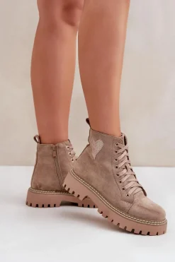 Hot Boto Botki Damskie Z Brokatowym Sercem Ciemnobeżowe Nariri