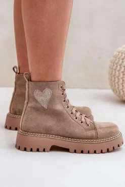 Hot Boto Botki Damskie Z Brokatowym Sercem Ciemnobeżowe Nariri