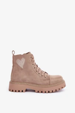 Hot Boto Botki Damskie Z Brokatowym Sercem Ciemnobeżowe Nariri