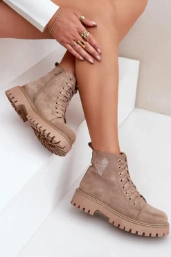 Hot Boto Botki Damskie Z Brokatowym Sercem Ciemnobeżowe Nariri