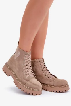 Hot Boto Botki Damskie Z Brokatowym Sercem Ciemnobeżowe Nariri