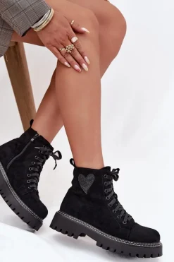 Discount Botki Damskie Z Brokatowym Sercem Czarne Nariri Damskie Botki Sznurowane|Botki Płaskie