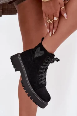 Discount Botki Damskie Z Brokatowym Sercem Czarne Nariri Damskie Botki Sznurowane|Botki Płaskie