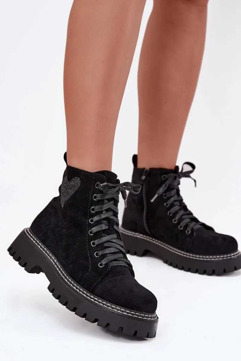 Discount Botki Damskie Z Brokatowym Sercem Czarne Nariri Damskie Botki Sznurowane|Botki Płaskie