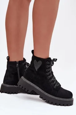 Discount Botki Damskie Z Brokatowym Sercem Czarne Nariri Damskie Botki Sznurowane|Botki Płaskie