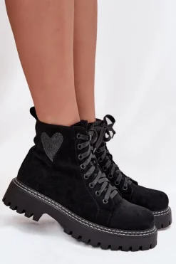 Discount Botki Damskie Z Brokatowym Sercem Czarne Nariri Damskie Botki Sznurowane|Botki Płaskie