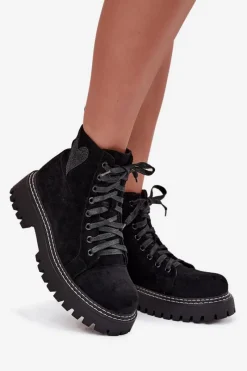 Discount Botki Damskie Z Brokatowym Sercem Czarne Nariri Damskie Botki Sznurowane|Botki Płaskie