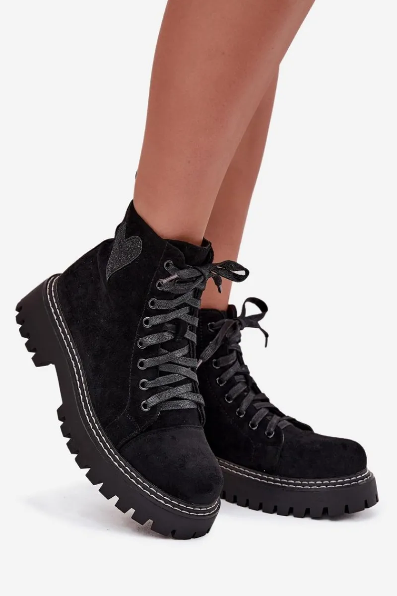 Discount Botki Damskie Z Brokatowym Sercem Czarne Nariri Damskie Botki Sznurowane|Botki Płaskie