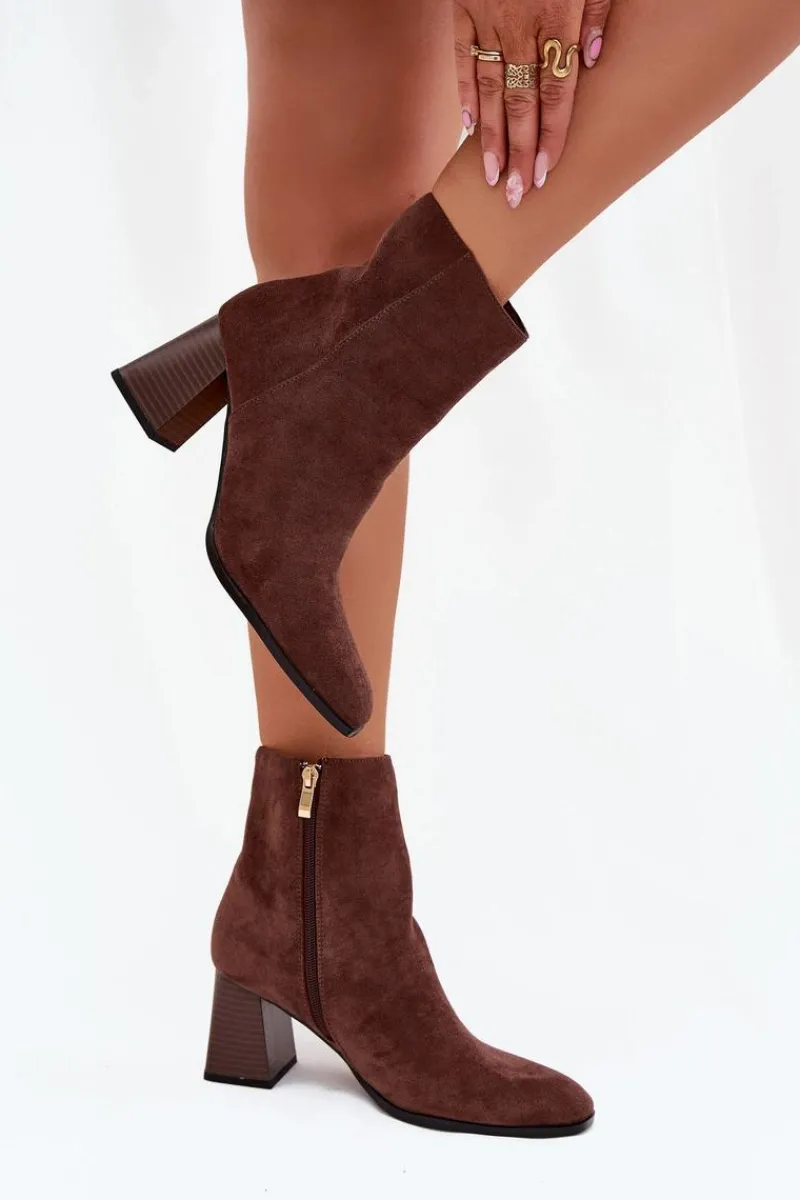 Botki Na Słupku|Botki Na Obcasie>Boto Botki Damskie Z Eko Zamszu Na Słupku Zamek Brązowe Zelita Brązowy