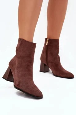 Botki Na Słupku|Botki Na Obcasie>Boto Botki Damskie Z Eko Zamszu Na Słupku Zamek Brązowe Zelita Brązowy