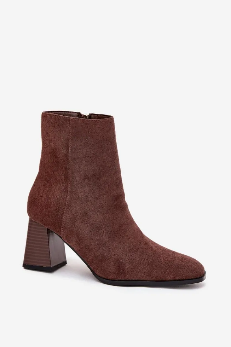 Botki Na Słupku|Botki Na Obcasie>Boto Botki Damskie Z Eko Zamszu Na Słupku Zamek Brązowe Zelita Brązowy