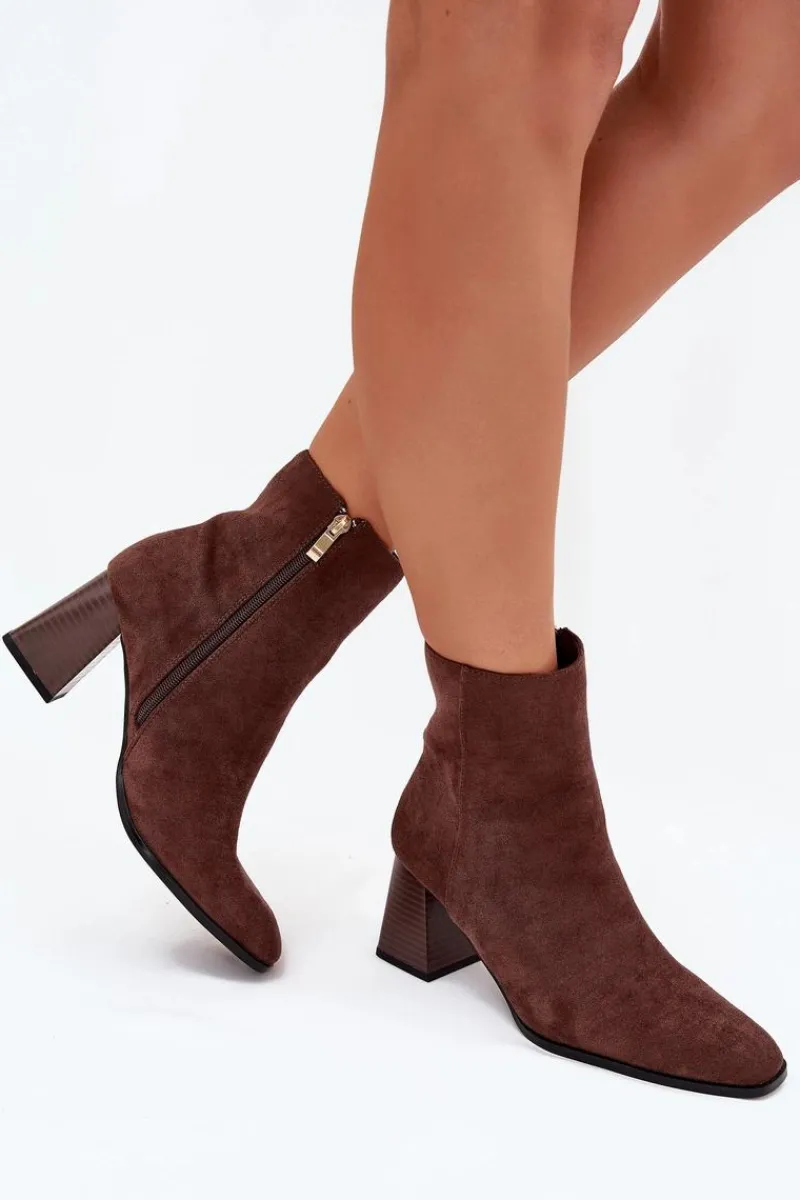 Botki Na Słupku|Botki Na Obcasie>Boto Botki Damskie Z Eko Zamszu Na Słupku Zamek Brązowe Zelita Brązowy
