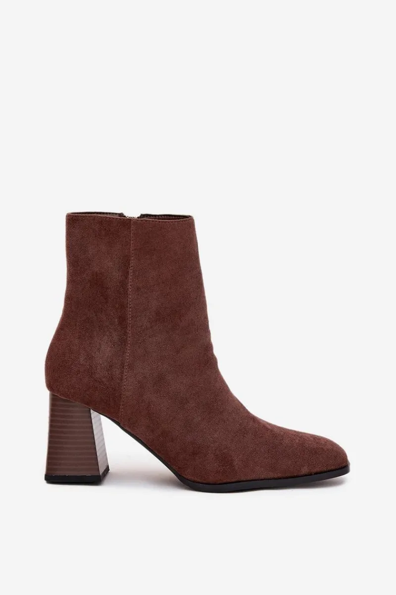 Botki Na Słupku|Botki Na Obcasie>Boto Botki Damskie Z Eko Zamszu Na Słupku Zamek Brązowe Zelita Brązowy