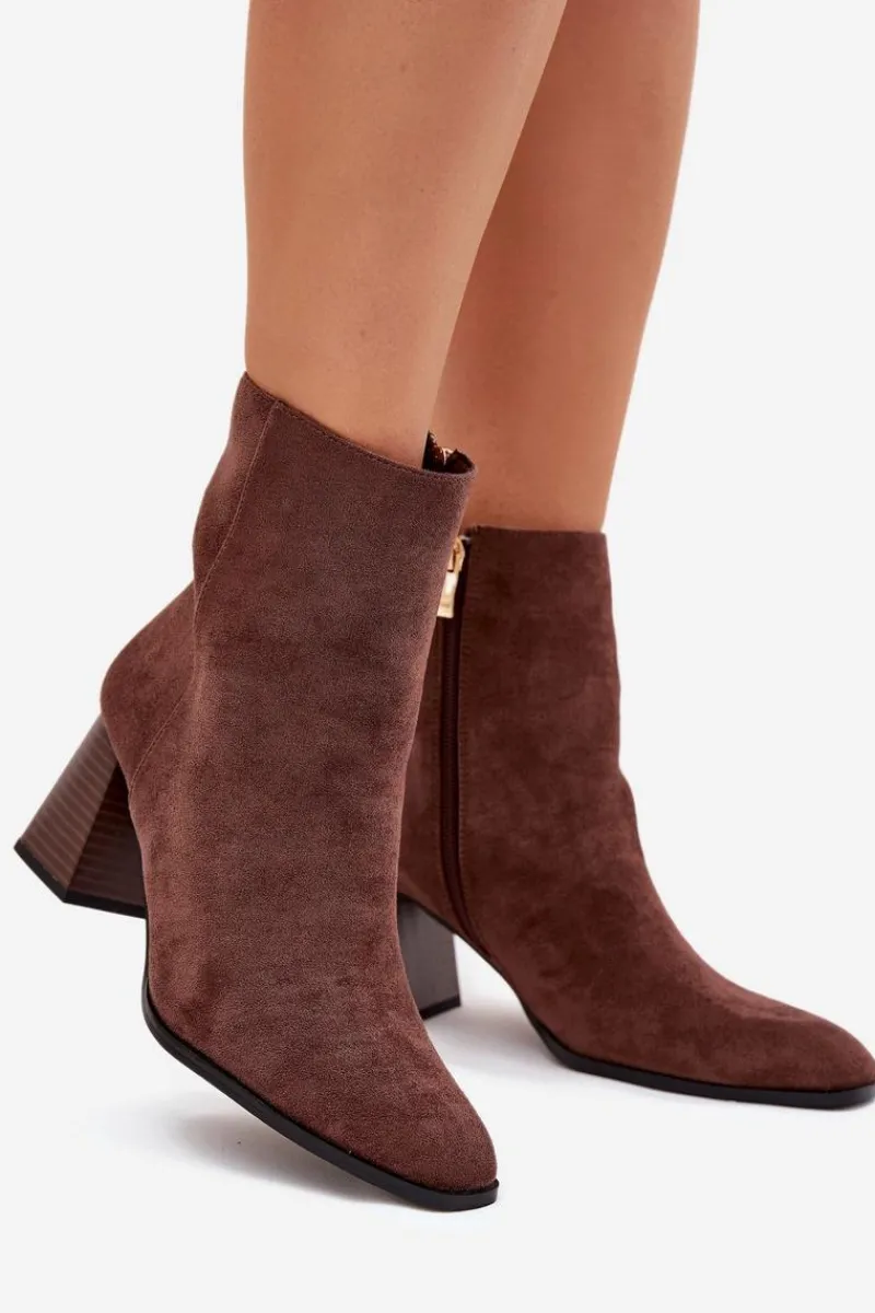 Botki Na Słupku|Botki Na Obcasie>Boto Botki Damskie Z Eko Zamszu Na Słupku Zamek Brązowe Zelita Brązowy