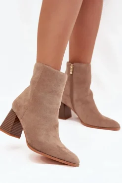 Sale Botki Damskie Z Eko Zamszu Na Słupku Zamek Beżowe Zelita Damskie Botki Na Słupku|Botki Na Obcasie