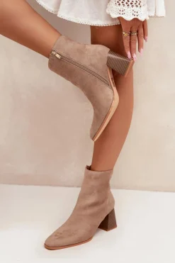 Sale Botki Damskie Z Eko Zamszu Na Słupku Zamek Beżowe Zelita Damskie Botki Na Słupku|Botki Na Obcasie