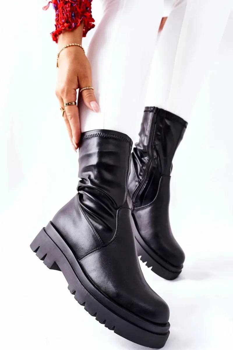 Czarne Botki|Botki Zimowe Damskie>Damskie buty S.Barski Botki Damskie Z Elastyczną Cholewką Czarne Doubler