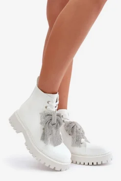 Clearance Botki Damskie Z Kokardą Białe Ocenttia Damskie Botki Sznurowane|Czarne Botki