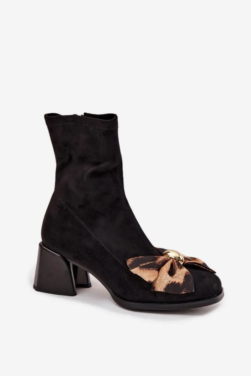 Botki Ocieplane|Czarne Botki>Damskie buty S.Barski Botki Damskie Z Kokardą Na Klocku D&A JC52-827 Czarne