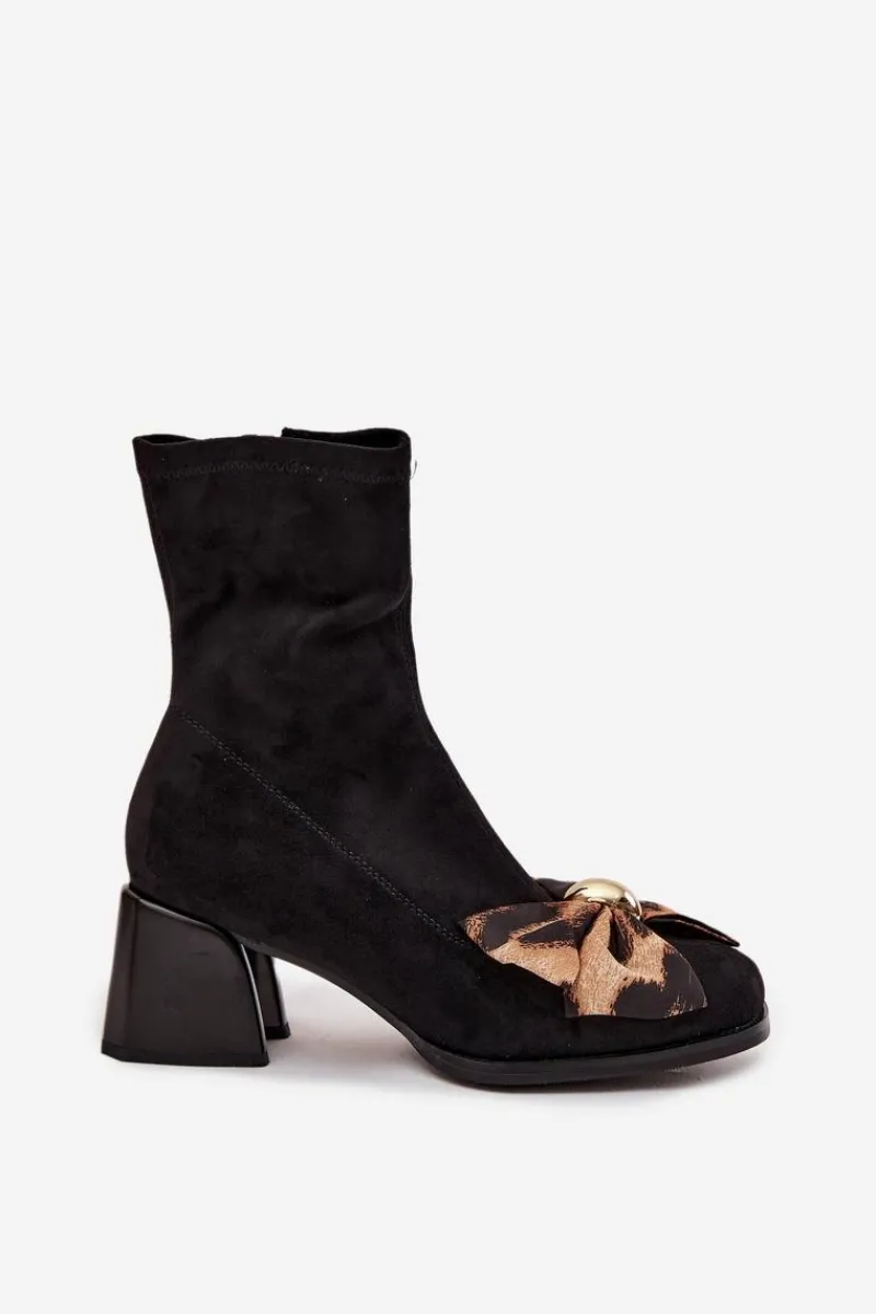 Botki Ocieplane|Czarne Botki>Damskie buty S.Barski Botki Damskie Z Kokardą Na Klocku D&A JC52-827 Czarne