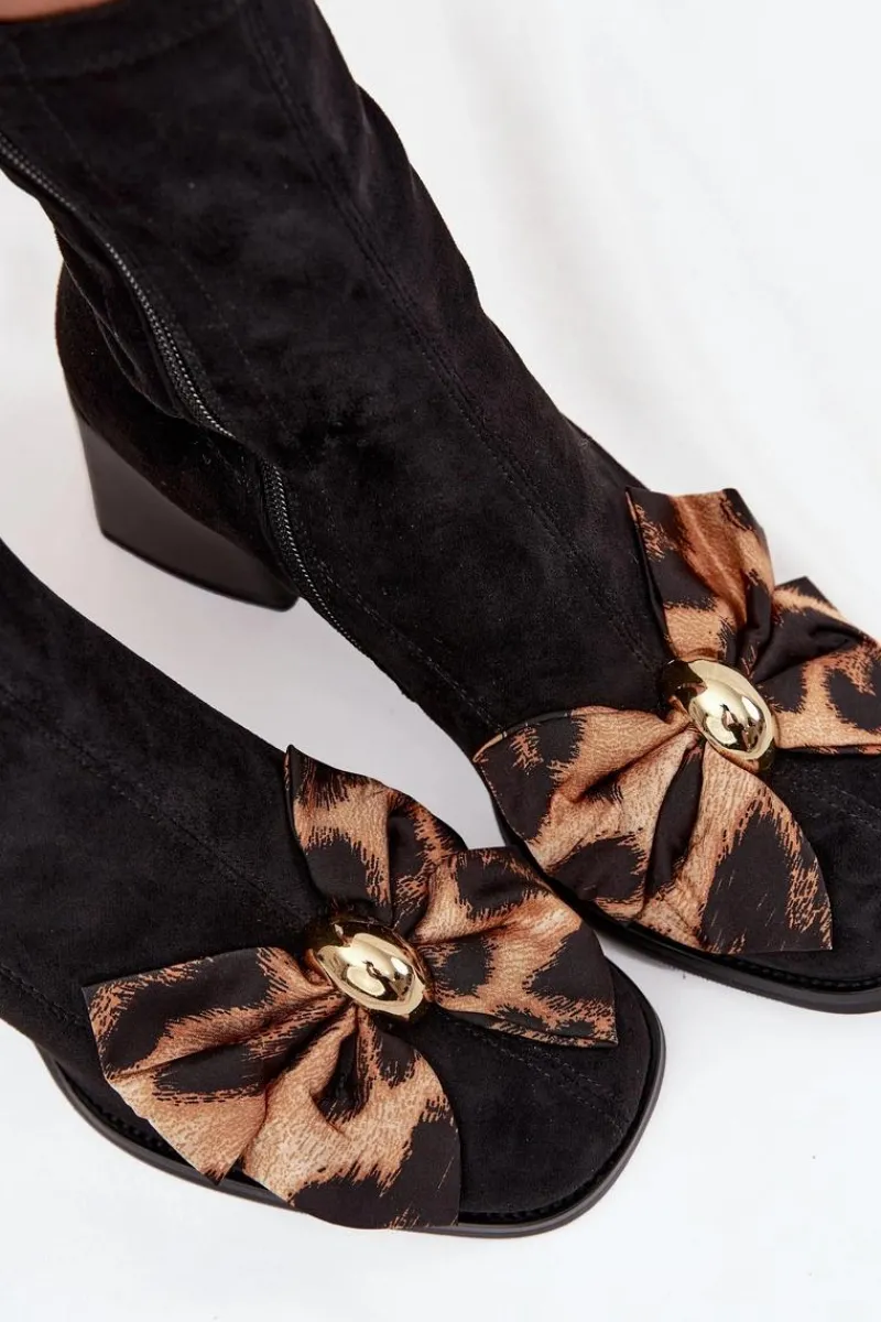 Botki Ocieplane|Czarne Botki>Damskie buty S.Barski Botki Damskie Z Kokardą Na Klocku D&A JC52-827 Czarne