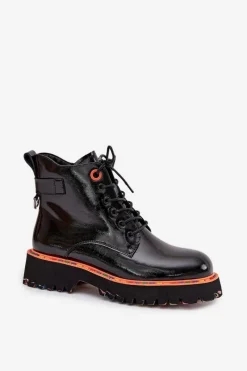 Clearance Artiker Botki Damskie Z Lakierowanej Skóry Naturalnej Ocieplane 57C0061 Czarne