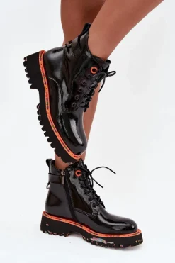 Clearance Artiker Botki Damskie Z Lakierowanej Skóry Naturalnej Ocieplane 57C0061 Czarne