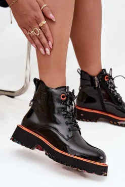 Clearance Artiker Botki Damskie Z Lakierowanej Skóry Naturalnej Ocieplane 57C0061 Czarne