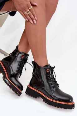 Clearance Artiker Botki Damskie Z Lakierowanej Skóry Naturalnej Ocieplane 57C0061 Czarne