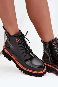 Clearance Artiker Botki Damskie Z Lakierowanej Skóry Naturalnej Ocieplane 57C0061 Czarne