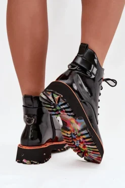 Clearance Artiker Botki Damskie Z Lakierowanej Skóry Naturalnej Ocieplane 57C0061 Czarne