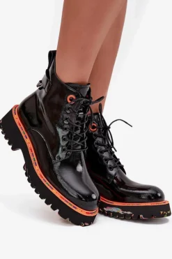 Clearance Artiker Botki Damskie Z Lakierowanej Skóry Naturalnej Ocieplane 57C0061 Czarne