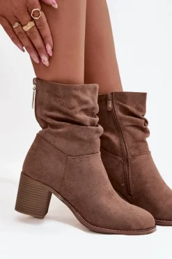 Discount Botki Damskie Z Marszczeniem Na Słupku S.Barski HY52-516 Brązowe Damskie Botki Zimowe Damskie|Botki Na Obcasie