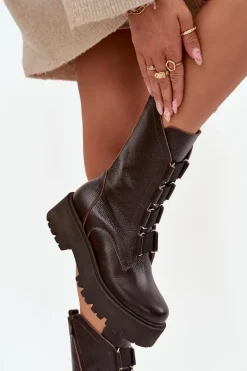 Best Zazoo Botki Damskie Z Naturalnej Skóry Na Platformie 3795 Czekoladowe Brązowy