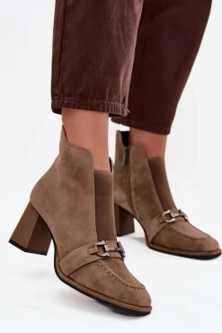 New Botki Damskie Z Naturalnego Zamszu Na Słupku 57C0221 Beżowe Damskie Botki Skórzane|Botki Na Słupku