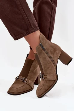 New Botki Damskie Z Naturalnego Zamszu Na Słupku 57C0221 Beżowe Damskie Botki Skórzane|Botki Na Słupku