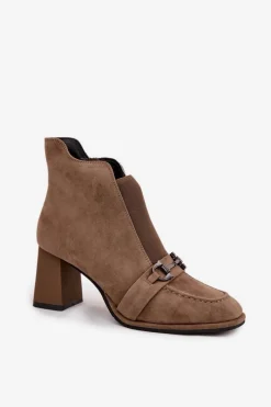 New Botki Damskie Z Naturalnego Zamszu Na Słupku 57C0221 Beżowe Damskie Botki Skórzane|Botki Na Słupku