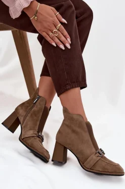 New Botki Damskie Z Naturalnego Zamszu Na Słupku 57C0221 Beżowe Damskie Botki Skórzane|Botki Na Słupku