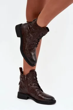 Botki Damskie Z Naturalnej Skóry Ocieplane 57C1005 Czekoladowe Damskie Botki Ocieplane|Botki Skórzane